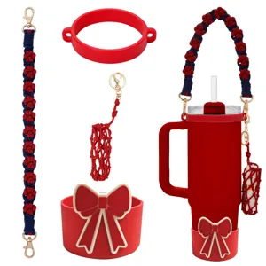 Handmade woven tumbler strap accessories set with bow cup boot and lipstick net pouch.
