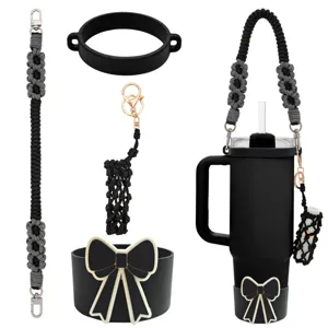 Handmade braided cup strap set with silicone sleeve and lipstick pouch for tumblers.