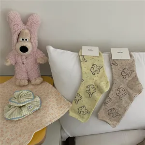Cute cartoon dog pattern mid-tube socks for women, comfortable spring casual daily wear socks.