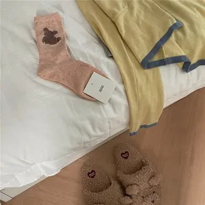 Cute pink bear pattern mid-calf socks for women, soft cotton casual daily wear hosiery.