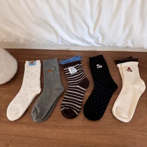 Cartoon embroidered cute dachshund cotton mid-tube socks detail display in five colors.