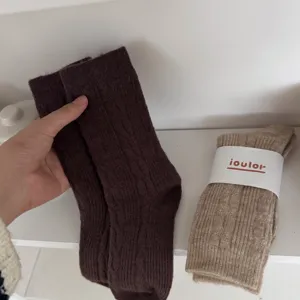 Detailed view of IOULOR Japanese minimalist cable knit calf socks, thick cozy winter wear.
