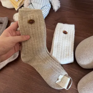 Cozy thick wool mid-tube socks for women winter warm retro button design knit hosiery