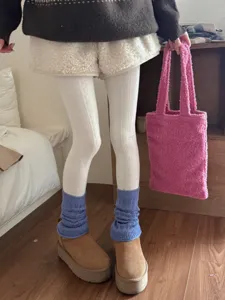 Solid color combed cotton cable knit tights breathable elastic leggings soft footed stockings