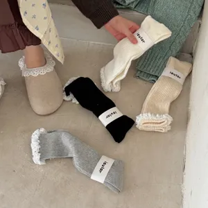 IOULOR chaussettes épaisses côtelées en velours avec dentelle douce pour femmes, hiver chaud