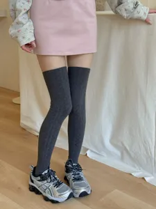 Women grey cable knit over the knee socks long cotton winter fashion hosiery daily wear