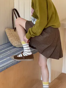 Japanese style striped mid-calf socks for women, comfortable combed cotton casual hosiery.