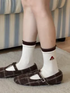 Cute dachshund embroidered cotton mid-calf socks for women, cozy brown cuff casual daily wear.