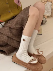 Japanese style button wool socks detail, soft warm cashmere mid-calf socks for autumn and winter.