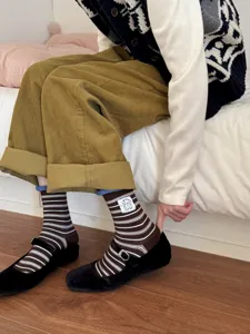 Brown striped cotton mid-tube socks with cute puppy embroidery for autumn and winter daily wear.