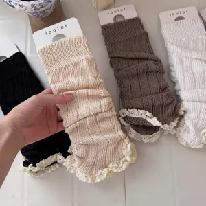 IOULOR chunky knit leg warmers with delicate lace trim, sweet y2k style solid color socks.