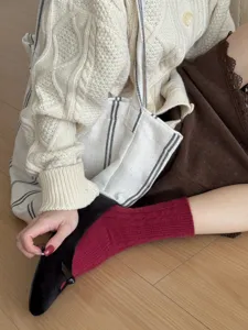 Japanese style cable-knit mid-calf socks for women, vintage solid color winter warm hosiery.
