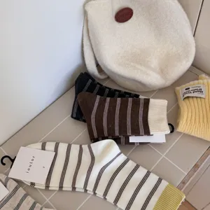 Japanese style striped mid-calf socks for women, soft combed cotton daily wear socks
