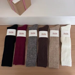 IOULOR Japanese vintage cable knit calf socks, thick cozy solid color long winter tube socks.