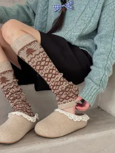 Knit Fair Isle slouch leg warmers for women, thick cozy warm winter leg socks for boots.