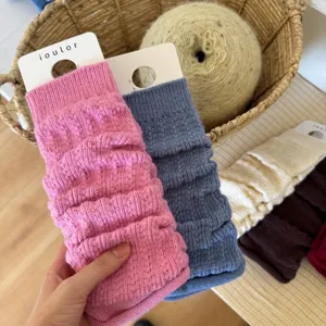 Cozy knit leg warmers for women, stylish stacked socks with cable knit texture, cute Japanese style.