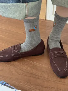 Cute embroidered dachshund crew socks in grey, comfortable cotton casual socks for women.