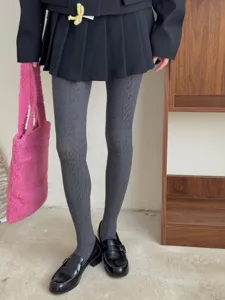Grey cable knit tights for women, stylish cotton pantyhose, soft and comfortable daily wear.