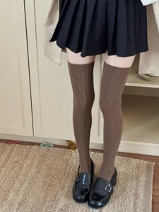 Brown cable knit over the knee socks preppy style long stockings for womens daily wear.