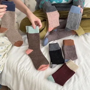 Merino wool color block winter thick warm mid tube socks casual cozy fashion daily wear for unisex