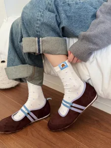 Cute polka dot mid-calf socks with adorable puppy embroidery, soft cotton fall winter socks.