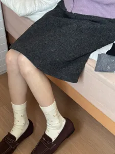 Vintage floral mid-tube socks detail view, cozy retro style fall winter daily outfit matching.