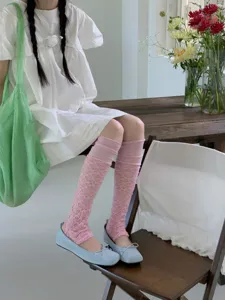Japanese style pink lace stirrup socks for women, sweet cute thin calf socks, summer hosiery.