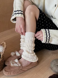 Japanese cable-knit leg warmers for women, cozy winter slouch socks and warm boot cuffs.