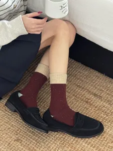 Cozy wool blend mid-calf socks with contrast color cuffs, soft textured knit winter socks.