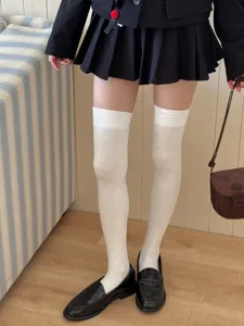 White over-the-knee thigh high socks, sweet Japanese school style winter knit socks.