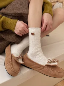 Japanese style knit wool warm mid-calf socks featuring cute decorative button and cozy design