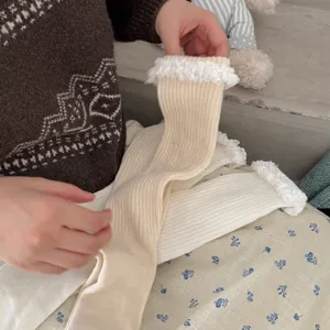 Gros plan détaillé de chaussettes éponge côtelées pour femmes avec bordure en dentelle.
