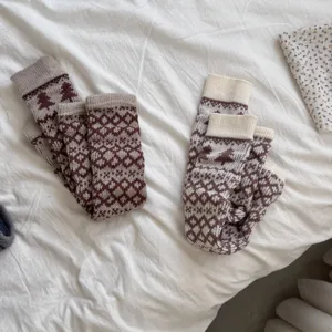 Fair Isle knit leg warmers for women, thick cozy winter boot socks for cold daily wear.