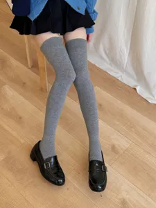 Grey over-the-knee socks for women, college style high thigh knitted winter warm stockings.