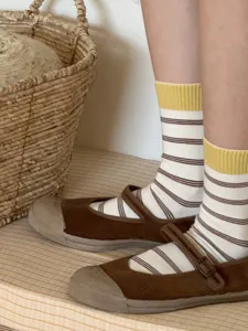 Japanese style striped mid-calf socks for women, combed cotton comfort detail view