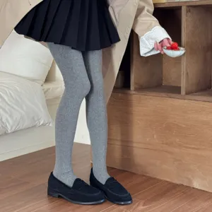 Solid color ribbed knitted tights for women, elastic breathable cotton blend soft leggings.
