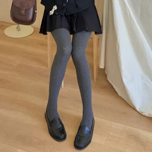 Classic grey ribbed tights for women, comfortable cotton blend cable knit pantyhose for daily wear.