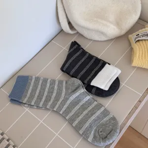 Japanese striped mid-calf socks for women, combed cotton, comfortable casual daily wear.
