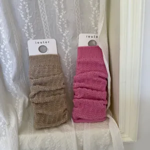 Knitted leg warmers for women, cozy winter boot cuffs, cute Japanese style pink and khaki socks.