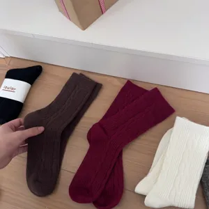 Thick knit cable socks, solid color winter women's warm hosiery, casual daily wear.