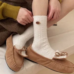 Women Winter Thickened Slouch Socks Japanese Style Solid Color Warm Thermal Crew Socks Button Decorated Fashion Hosiery