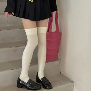 Women Over The Knee Socks Cotton Blend Preppy Style Solid Color High Tube Long Stockings Anti Slip Winter Fashion Hosiery