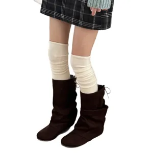 Korean style slouchy over-the-knee wool socks and brown boots set for autumn winter fashion.