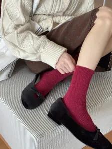 Japanese vintage cable knit mid-calf socks, thick solid color winter women hosiery.