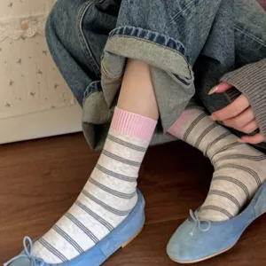 Women Japanese Style Striped Color Block Mid Tube Socks Combed Cotton Sweat Absorbing Casual Daily Stacked Socks