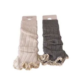 Knitted leg warmers with lace trim, cozy winter chunky knit y2k sweet style socks pair.