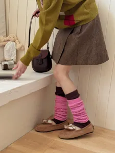 Japanese style knit leg warmers, cozy layered winter socks, fashionable cute daily wear detail.