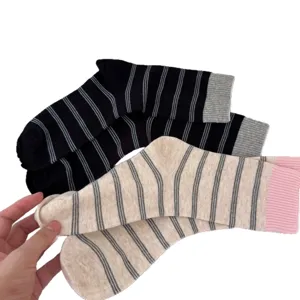Womens Japanese Striped Mid Tube Socks Combed Cotton Casual Soft Slouch Socks Pair White