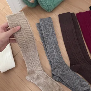 Women's thick cable knit long socks winter cozy solid color casual knee high socks