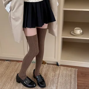 Women Over The Knee Cable Knit Socks Sweet Slender Long High Stockings Retro College Style Winter Warm Casual Hosiery
